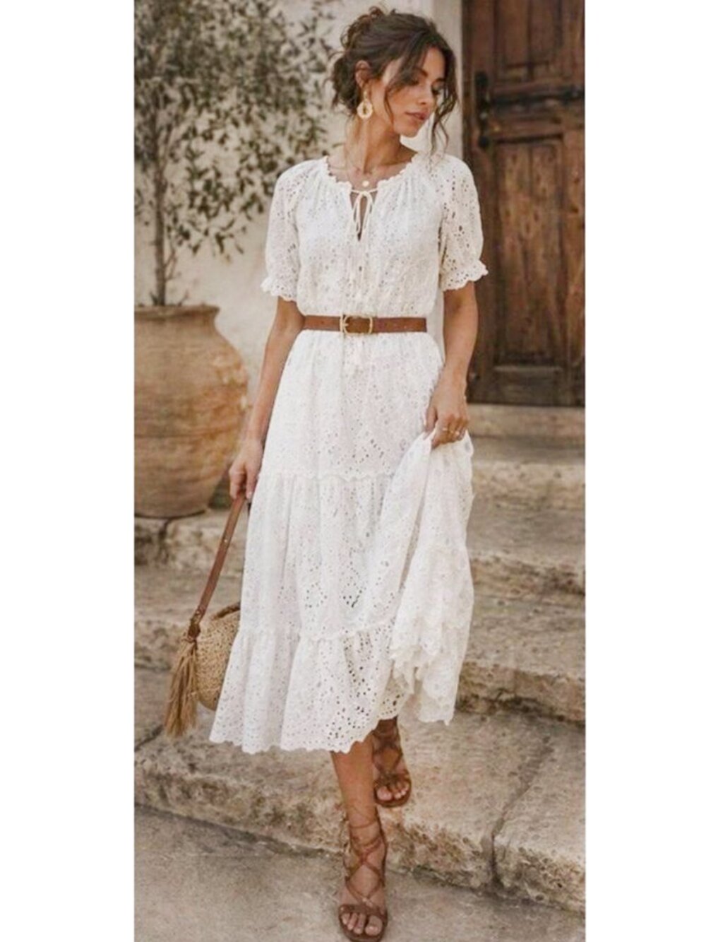 ANTHROPOLOGIE O.P.T. WHITE EYELET TIERED MIDI DRESS PRAIRIE RESORT BOHO COTTON M - Picture 6 of 6
